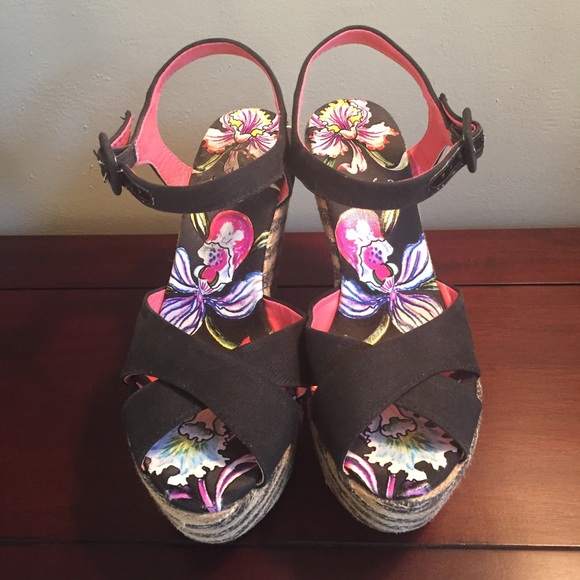 Ed Hardy Shoes - Ed Hardy Black Tropical Floral Wedge Heels